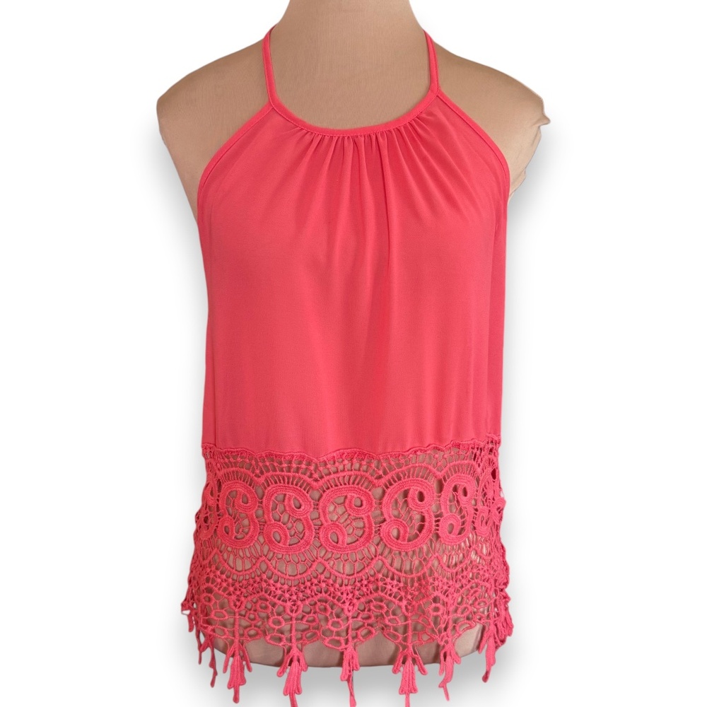 JELLA COUTURE Coral Halter Top Crochet Hem Size S - Picture 2 of 8